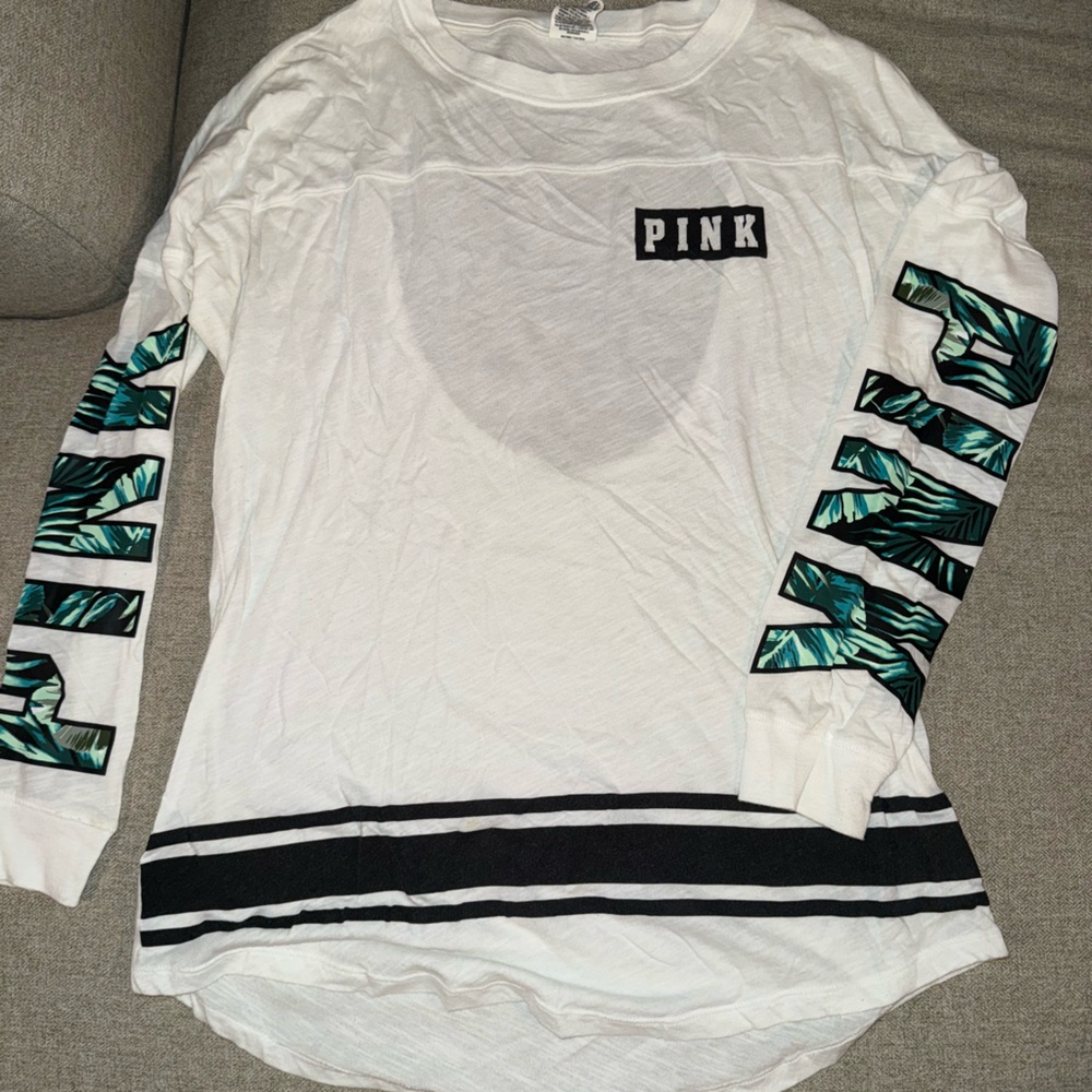 PINK Victoria's Secret White Long Sleeve with Black Logo